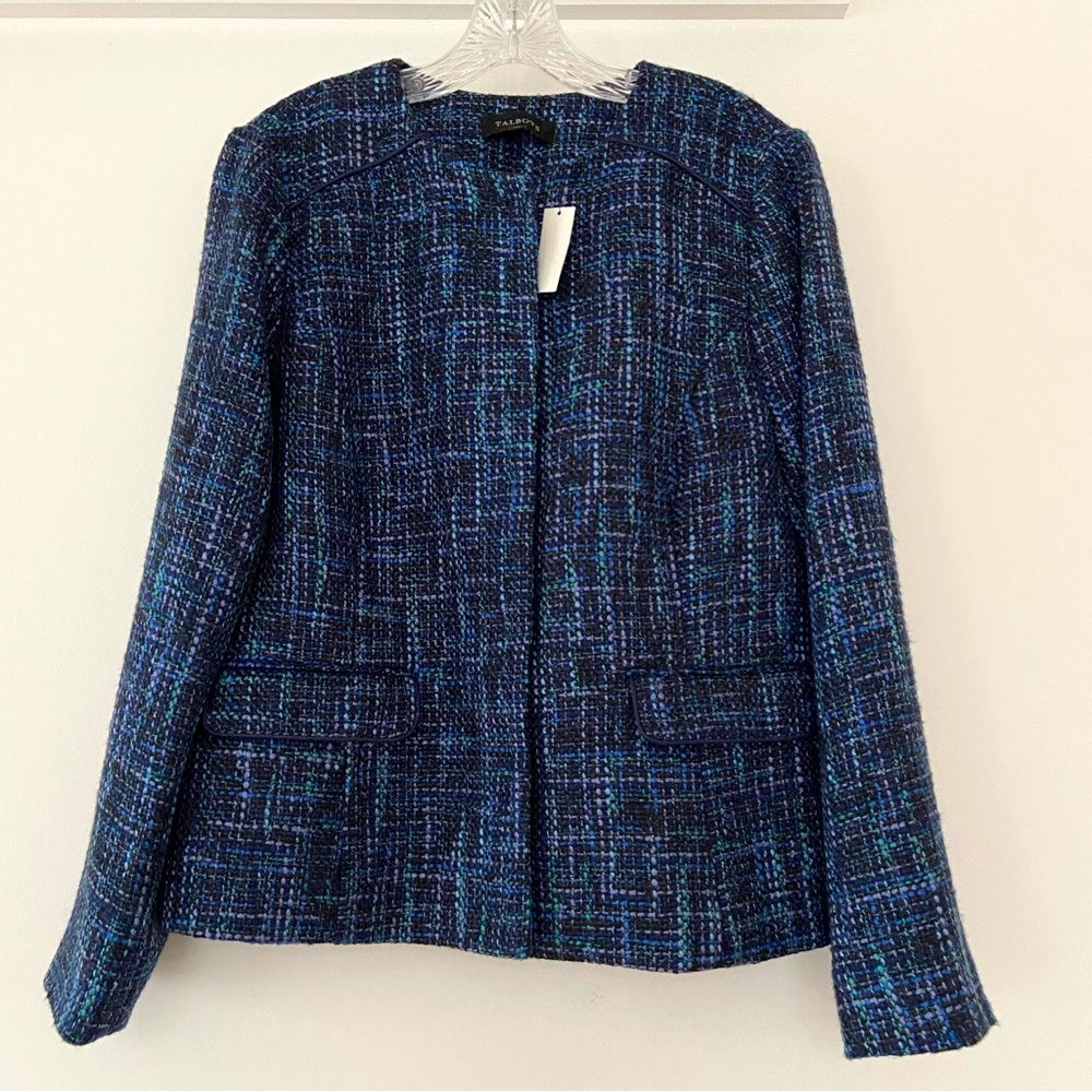 NWT Talbots Blue Tweed Jacket Size 12 Pockets Career Preppy Academia Formal